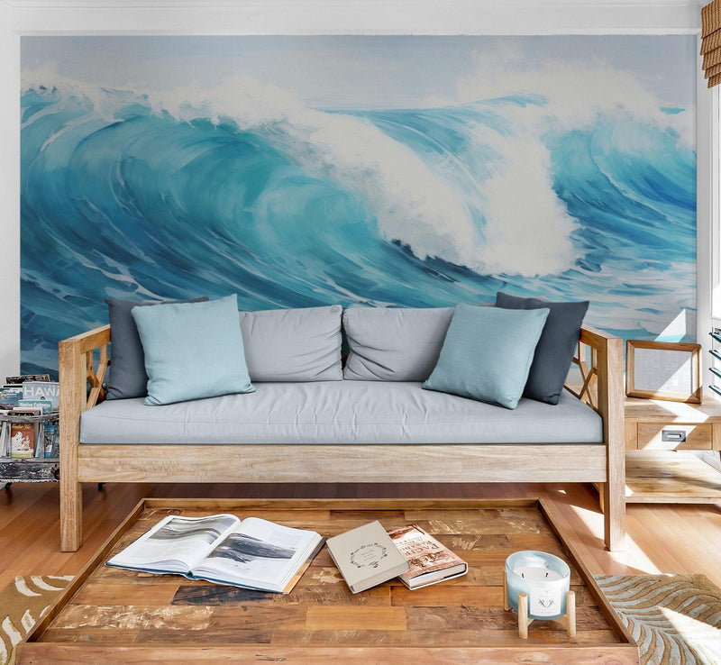 Artistic Painting of Blue Ocean Wave Wall Mural.