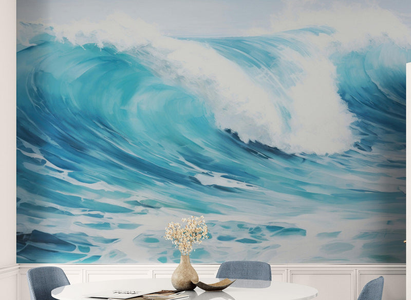 Artistic Painting of Blue Ocean Wave Wall Mural.