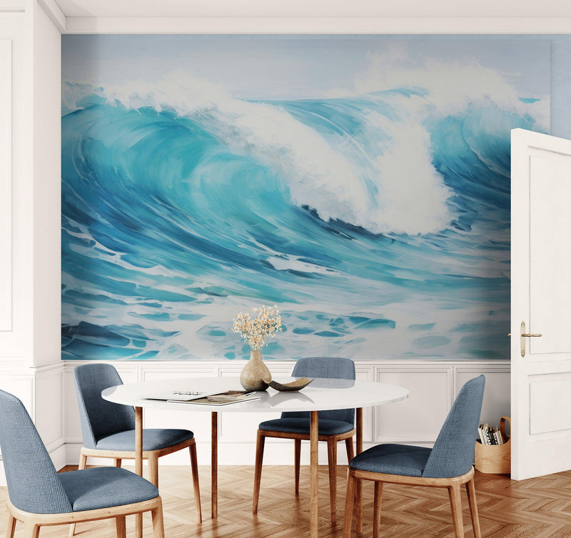 Artistic Painting of Blue Ocean Wave Wall Mural.