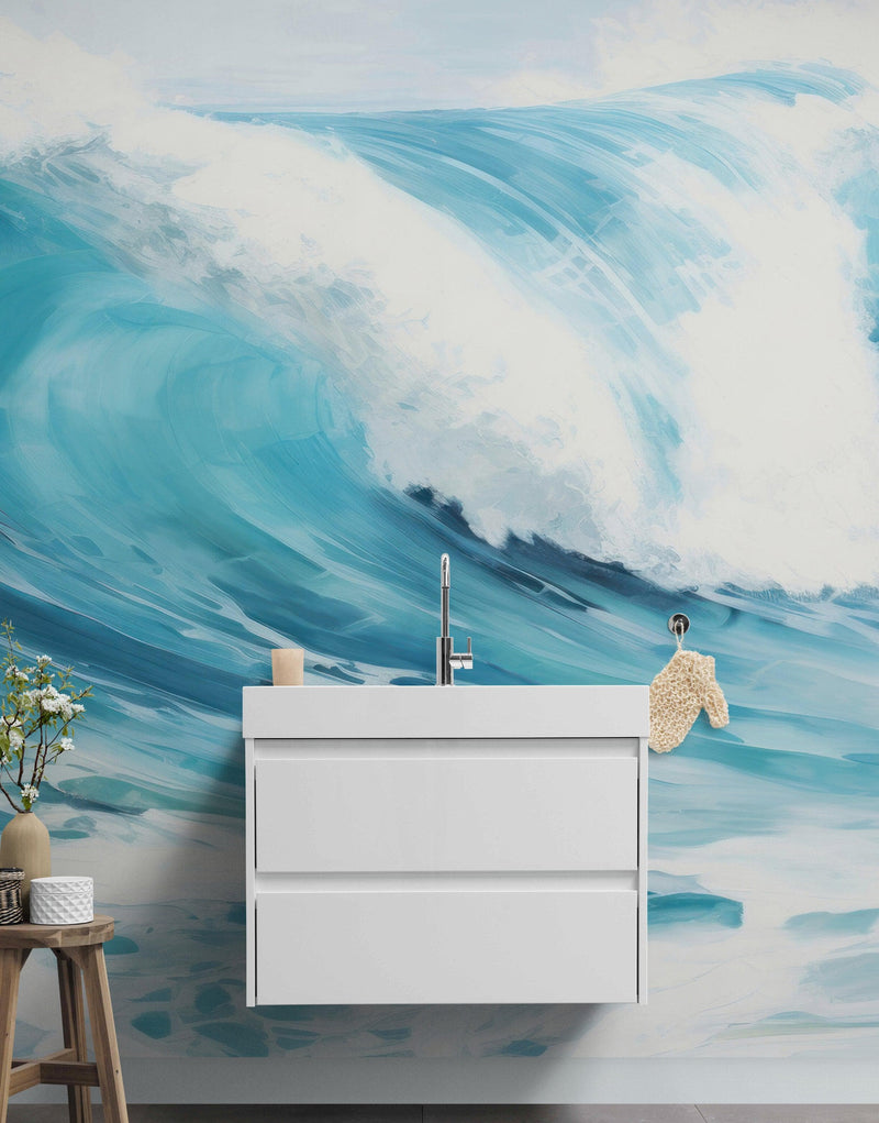 Artistic Painting of Blue Ocean Wave Wall Mural.
