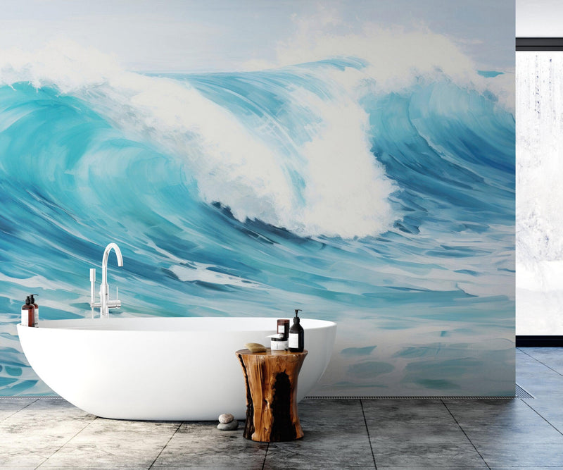 Artistic Painting of Blue Ocean Wave Wall Mural.