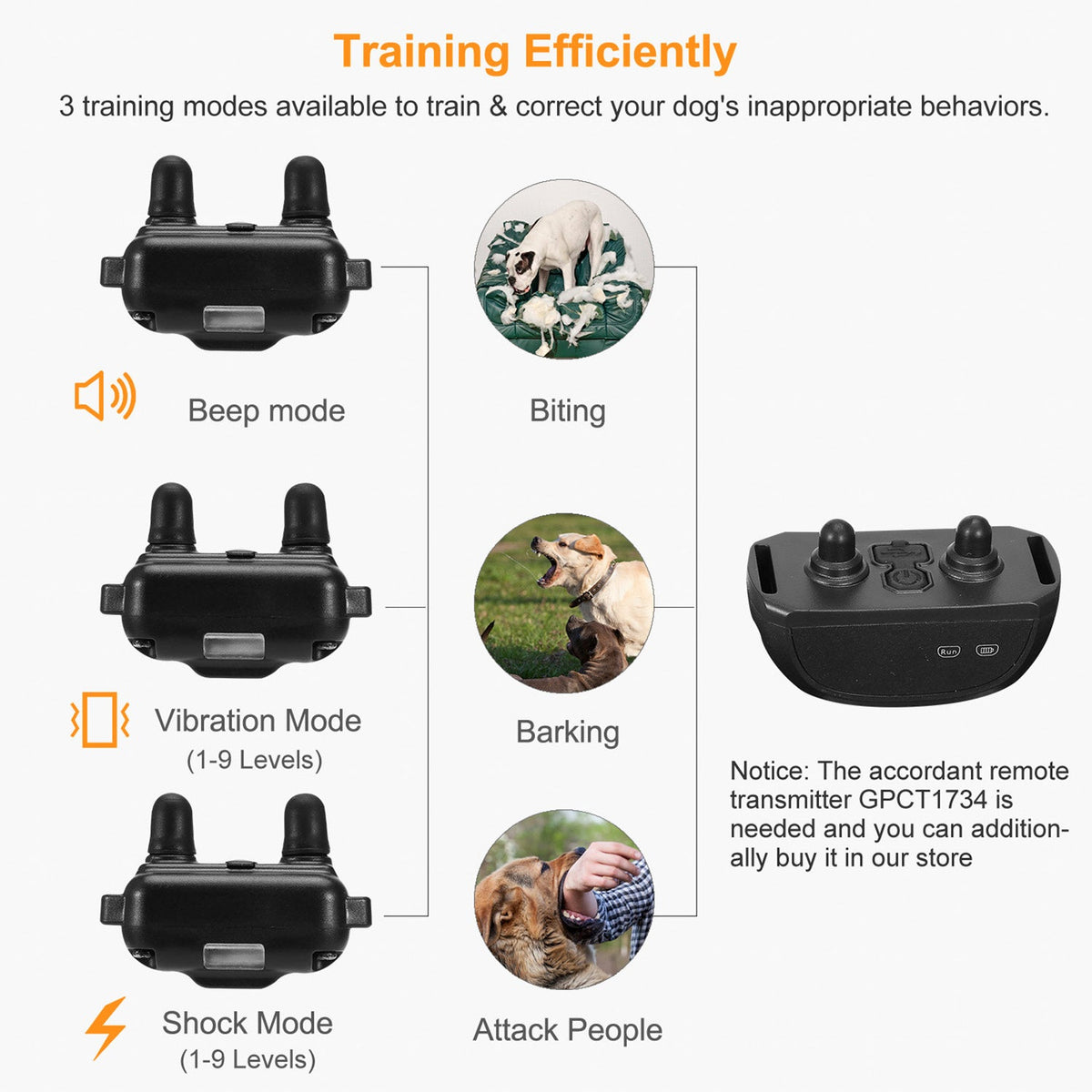Dog Bark Collar IP67 Waterproof Rechargeable Dog Training Receiver Shock Collar Receiver with Beep Vibration Shock 9 Levels 1640ft Remote Range, photo 4 of 8