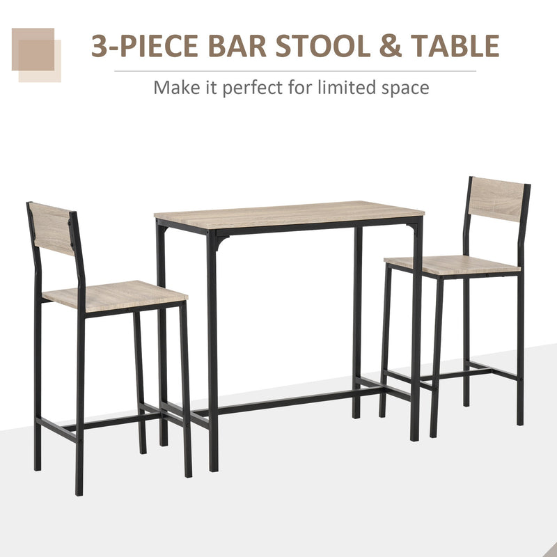 3 Piece Bar Table and Chairs, Industrial Dining Table Set for 2, Counter Height Kitchen Table with Bar stools, Breakfast Table Set for 2 for Small Space, Natural