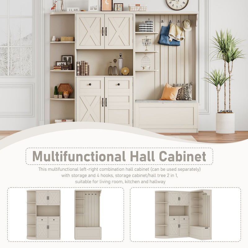Multifunctional left-right combination hall cabinet (can be used separately) with storage and 4 hooks, storage cabinet/ hall tree 2 in 1 for living room, kitchen and hallway,antique Beige