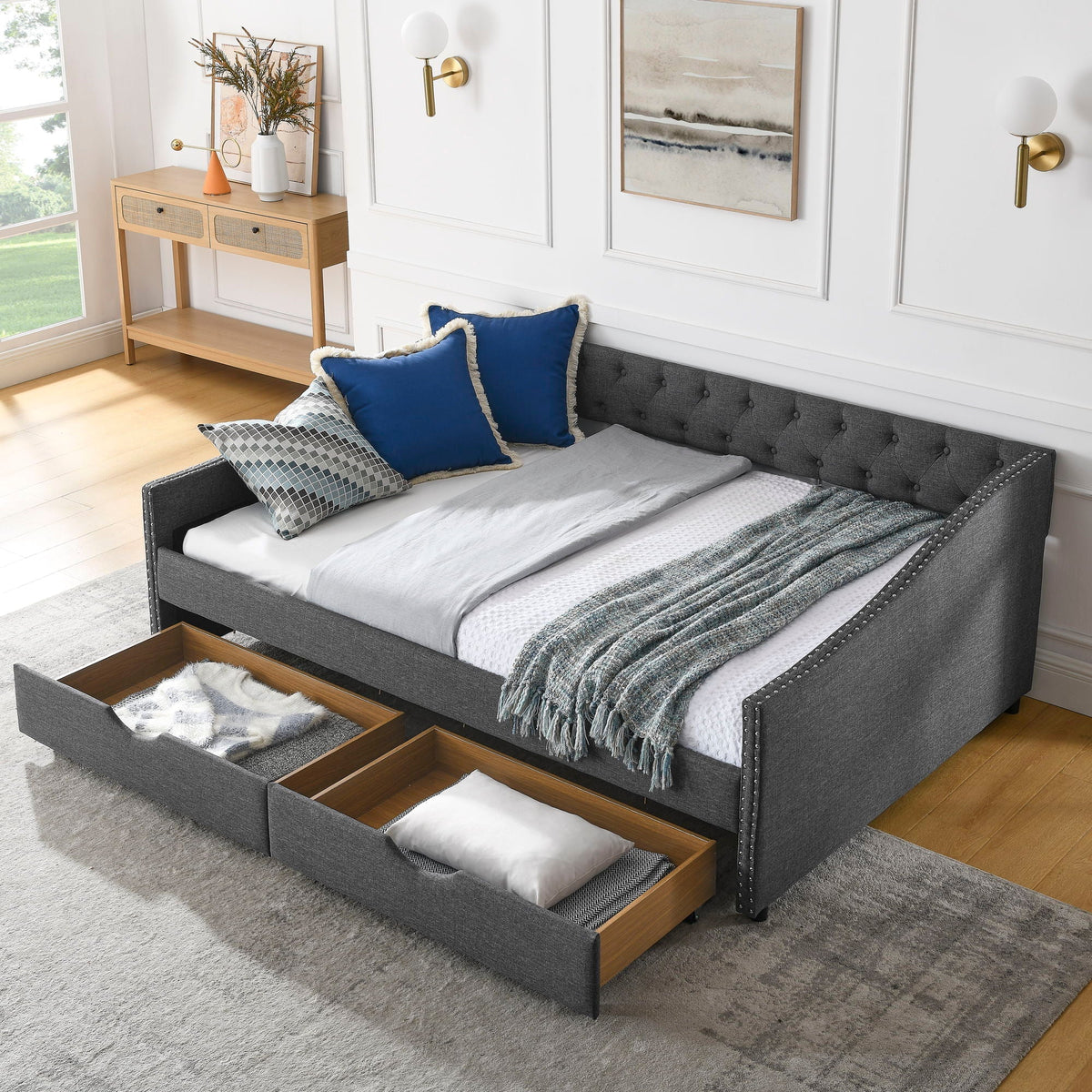 Upholstered Tufted Daybed With Drawers, Waved Arms, photo 19 of 27
