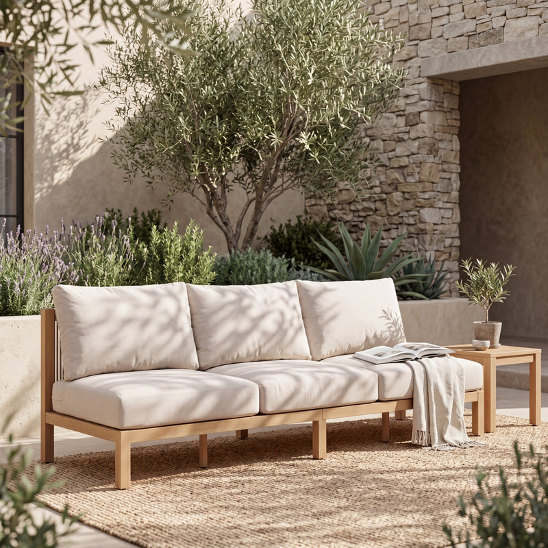 73.23" Outdoor Acacia Wood Frame Rope-Braided Backrest Three-Seater Sofa, photo 2 of 10