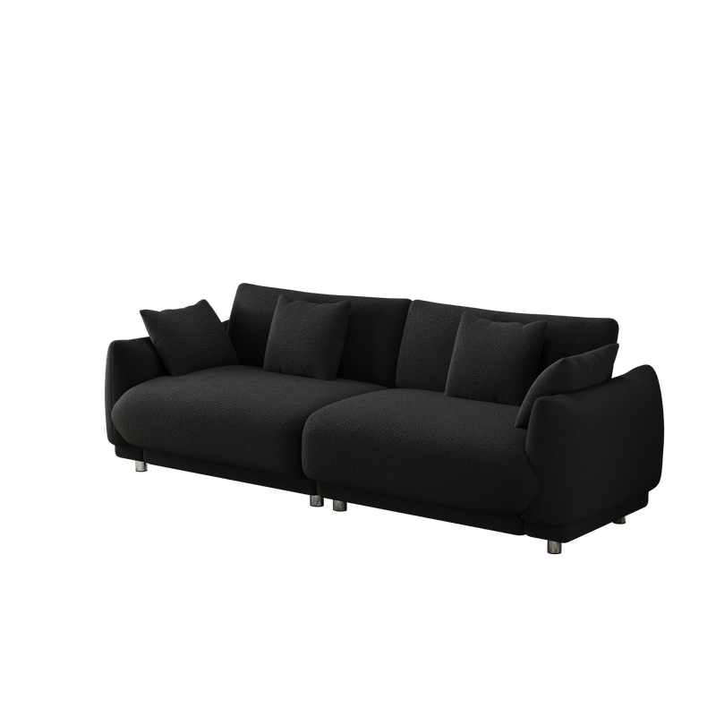 86.6 inch teddy fleece black sofa with four throw pillows hardware feet can be placed in the apartment bedroom to sit comfortably without taking up space