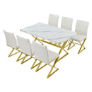 7-Piece Modern Dining Table Set, Rectangular Marble Texture Kitchen Table and 6 PU leather Chairs with X-Shaped Gold Steel Pipe Legs for Dining Room (White)