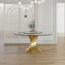Luxury Round 59" Sintered Stone Dining Table With Stainless Steel Hourglass Base, Scratch & Heat Resistant Surface - Golden / White by Unique Piece Furniture