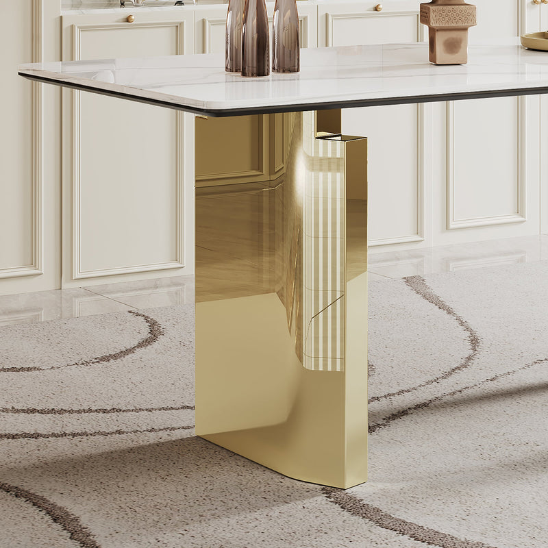 0.47" Thick Sintered Stone Composite Tempered Glass Top Rectangular Dining Table with Stainless Steel Base