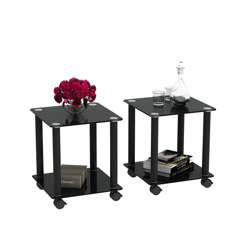 2-Piece Black Side Table, 2-Tier Space End Table, Modern Night Stand, Sofa table, Side Table with Storage Shelve