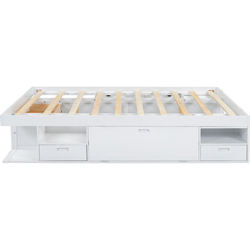 Storage Platform Bed Frame with Multiple Drawers and Shelves No Box Spring Needed, Queen Size,White