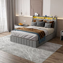 Queen Size Bed Frame With LED Lighting, Winged Headboard With Storage Drawers - Light Gray by Unique Piece Furniture
