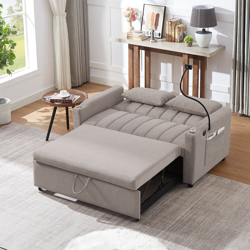 55.9" Convertible Sofa Bed Loveseat Sofa with Three USB Ports, Two Side Pockets, Two Cup Holders and 360Swivel Phone Holder for Living Room, Light Grey