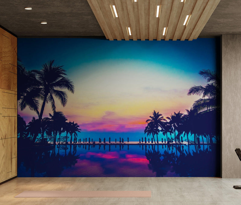 Tropical Night Wallpaper Mural – Miami Sunset Over Resort Pool & Beach.