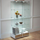 Glass Display Cabinet With LED Lights, Tempered Glass Doors, Large Drawers, 2 Door Storage Case With 4 Shelves - Natural / White by HouseOfZazla