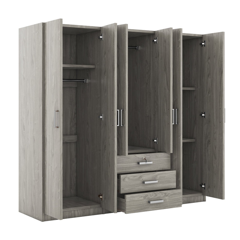 6-Doors Wooden Wardrobe Storage for Bedroom, with Big Drawers, Gray