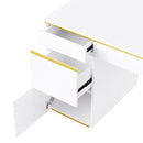 60"Modern Executive Desk,White Curved Computer Desk with Gold Metal Legs,3-Drawers Home Office Desk,Writing Desk with 1 Storage Cabinet for Home Office,Living Room,Gold+White