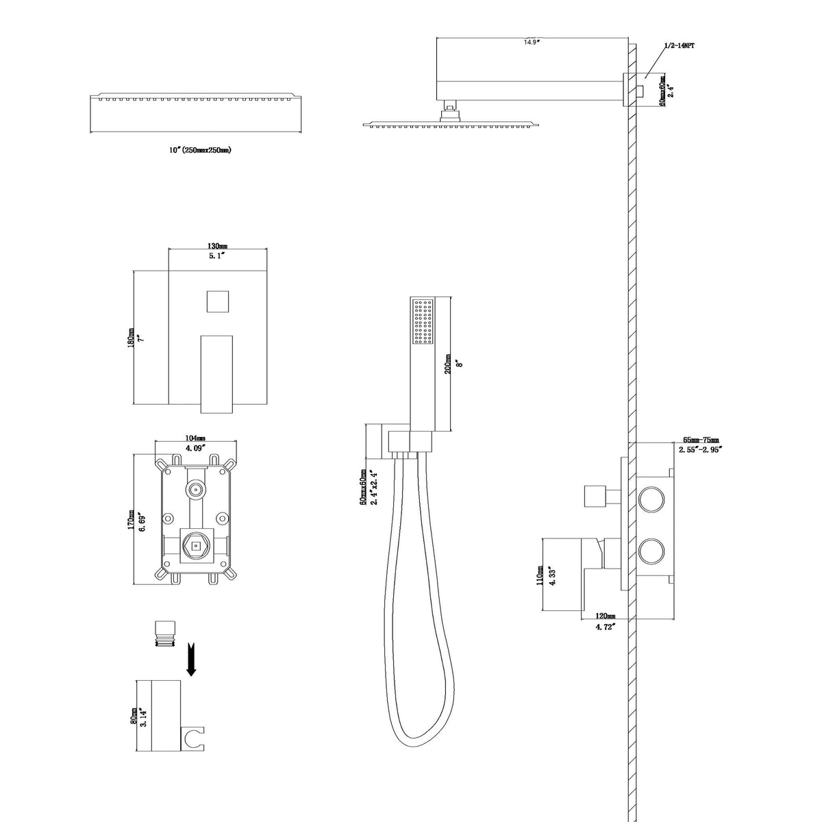 10" Square Dual Shower Head System Wall Mounted With Rough In Valve Modern Bathroom Fixture, photo 9 of 18