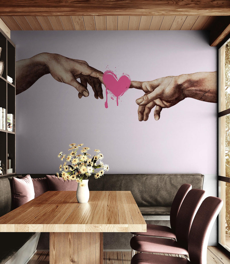 Pink Wallpaper Mural. Creation of Adam Wall Mural. Michelangelo Sistine Chapel.
