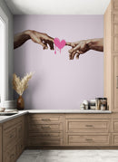 Pink Wallpaper Mural. Creation of Adam Wall Mural. Michelangelo Sistine Chapel.