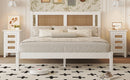 3-Pieces Bedroom Sets Queen Size Wooden Platform Bed with Natural Rattan Headboard, Nightstands Set of 2 with Rattan-Woven Surfaces and Three Drawers for Bedroom, White