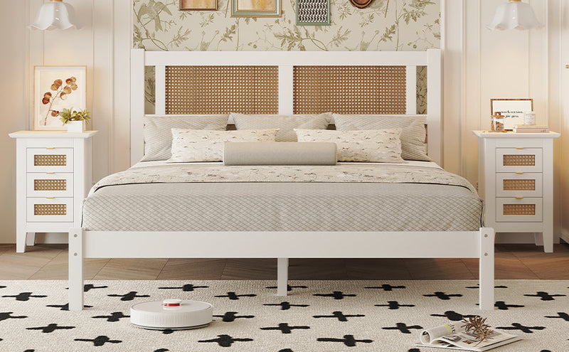 3-Pieces Bedroom Sets Queen Size Wooden Platform Bed with Natural Rattan Headboard, Nightstands Set of 2 with Rattan-Woven Surfaces and Three Drawers for Bedroom, White