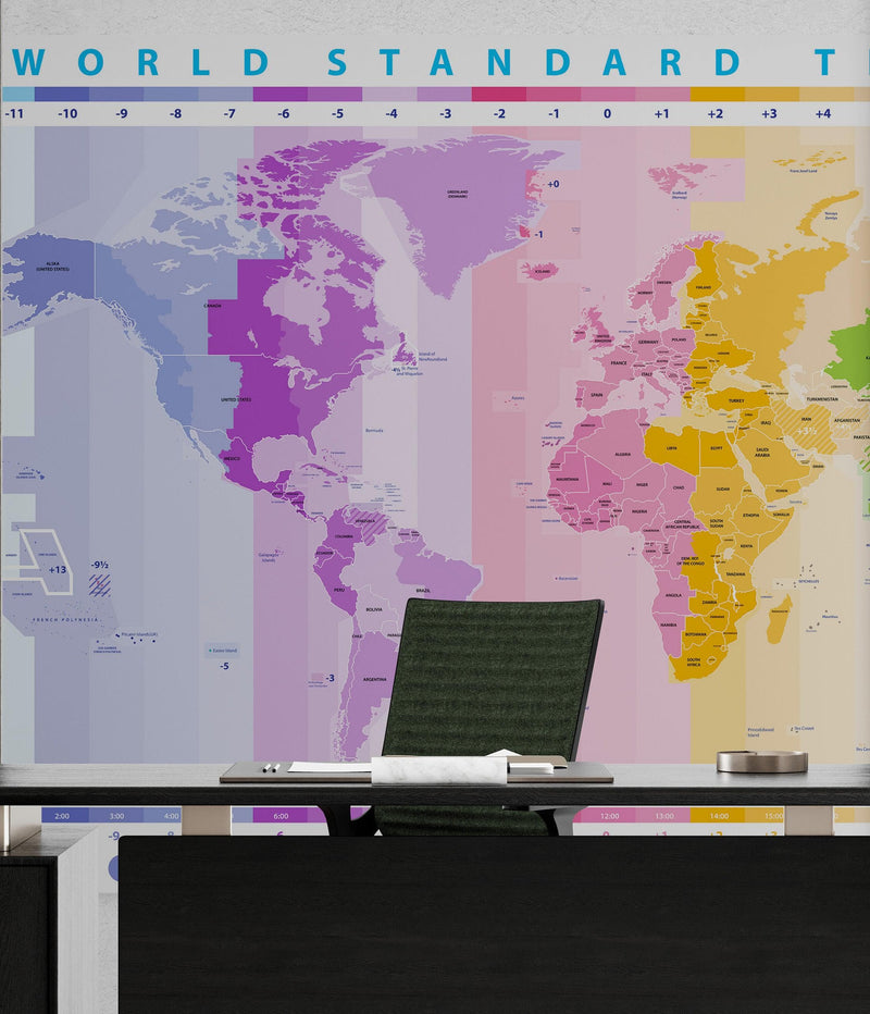 World Time Zone Wallpaper. Office Wall Mural.