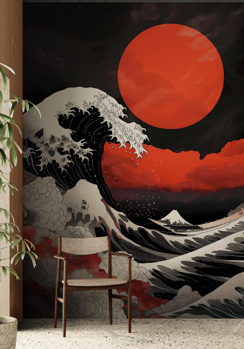Red Great Wave off Kanagawa Wall Mural. Urban Decor.