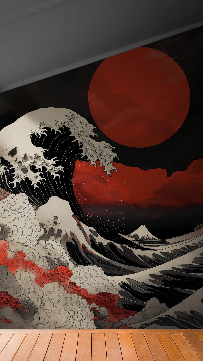 Red Great Wave off Kanagawa Wall Mural. Urban Decor.