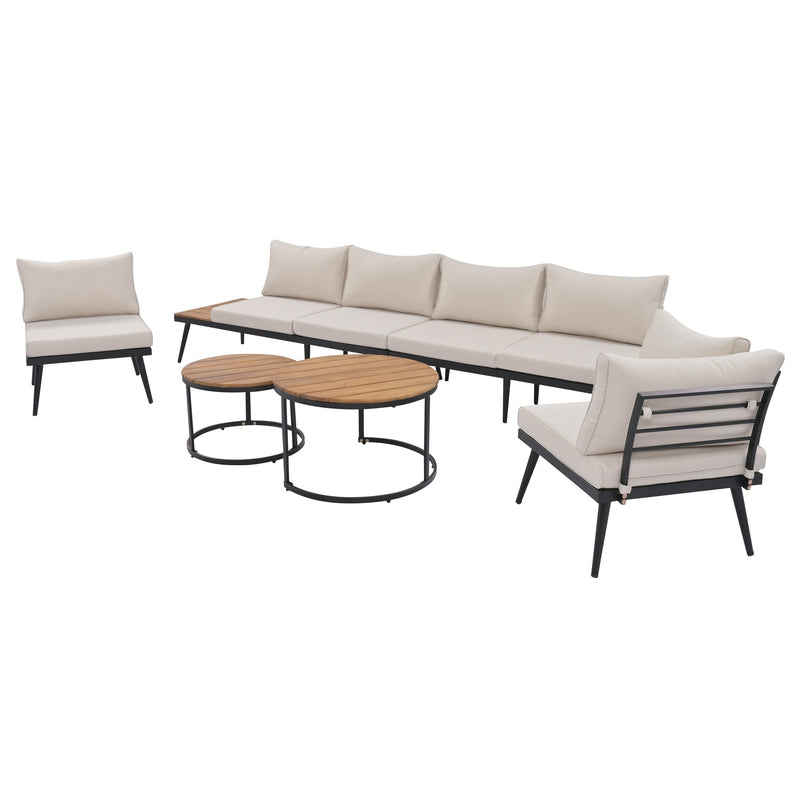 6-Piece Outdoor Sectional Sofa Set with Round Nesting Coffee Tables and Seating Sofa with Cushions for Patio, Porch and Garden (Beige)