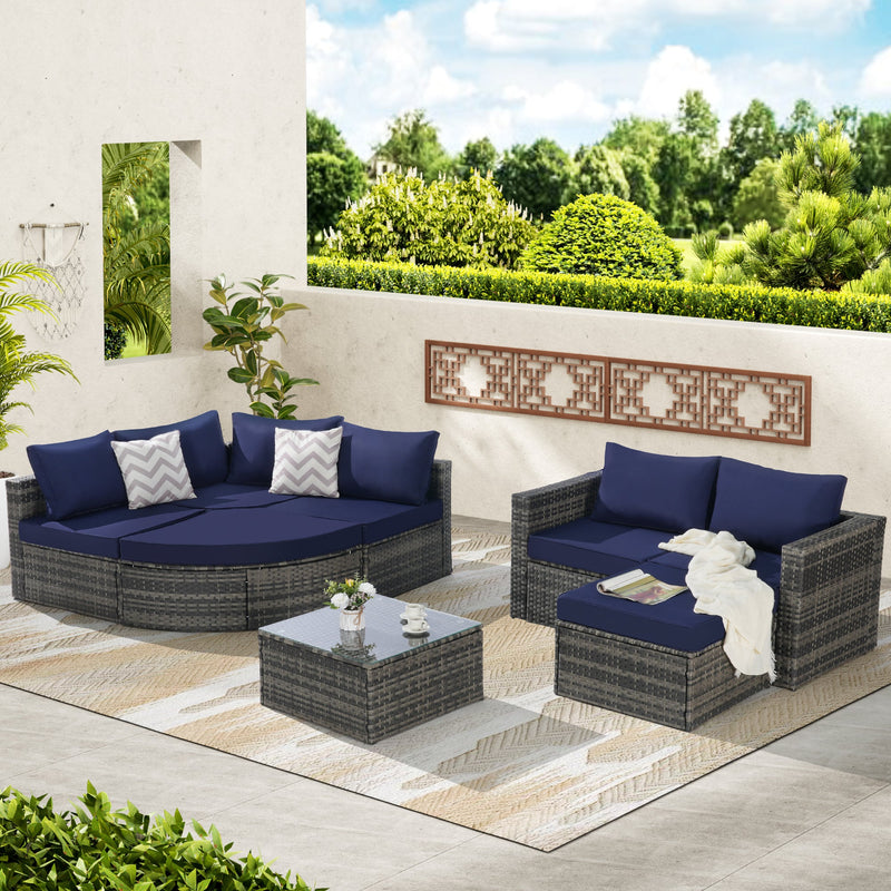 8 Piece Outdoor Patio Sofa Set, Sectional L- Shaped Patio Furniture Wicker Patio Conversation Set with Curved Sofa  Ottoman & Glass Top Table for Backyard Poolside