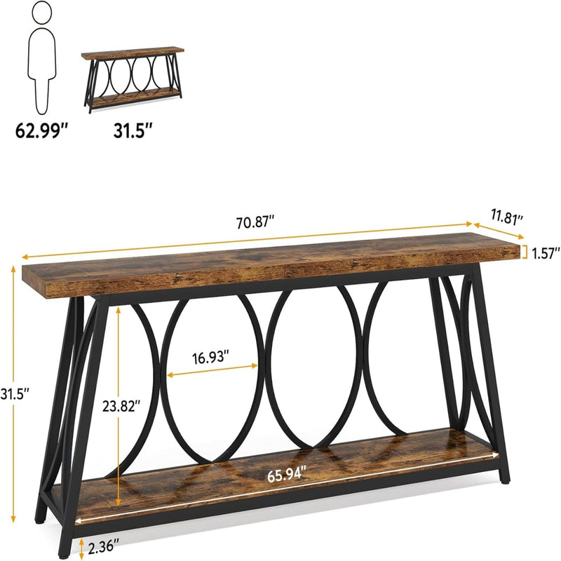 Extra Long Console Table With 2 Tier Storage Shelves For Living Entryway - Brown / Black, photo 3 of 4