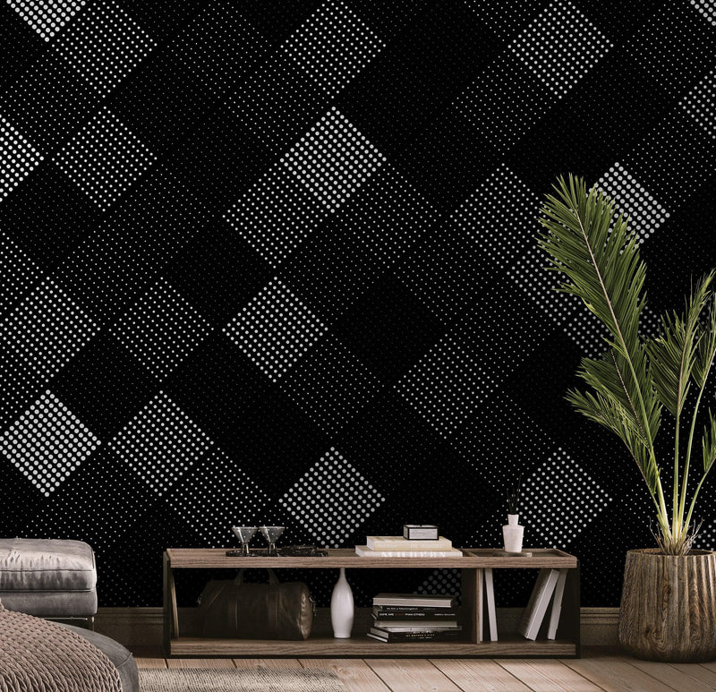 Modern Black and White Polka Dot Peel and Stick Wall Mural.