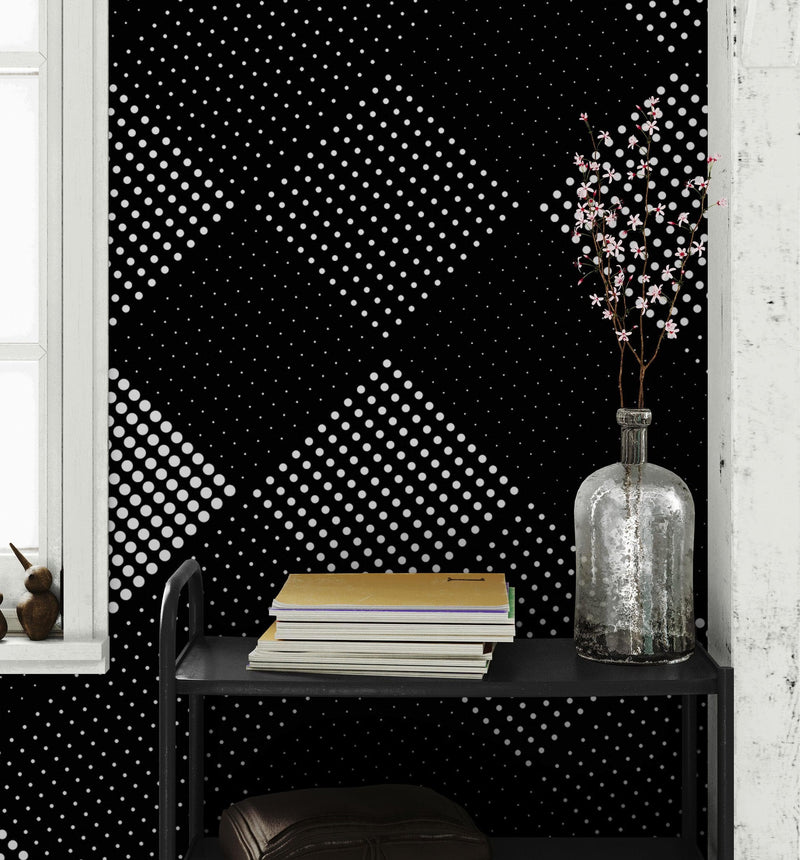 Modern Black and White Polka Dot Peel and Stick Wall Mural.