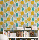 Autumn Leaves Wallpaper. Yellow, Grey, Teal Leaf Wall Mural.