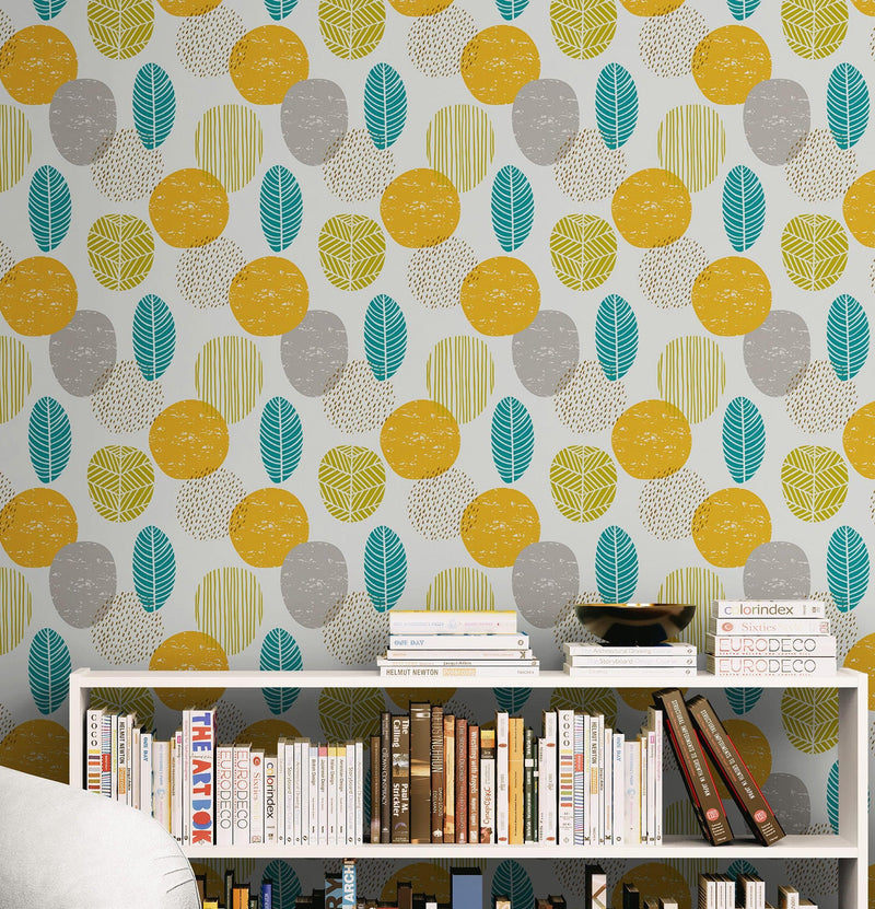Autumn Leaves Wallpaper. Yellow, Grey, Teal Leaf Wall Mural.