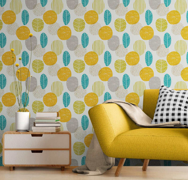 Autumn Leaves Wallpaper. Yellow, Grey, Teal Leaf Wall Mural.