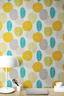 Autumn Leaves Wallpaper. Yellow, Grey, Teal Leaf Wall Mural.