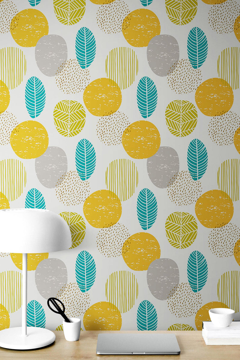 Autumn Leaves Wallpaper. Yellow, Grey, Teal Leaf Wall Mural.