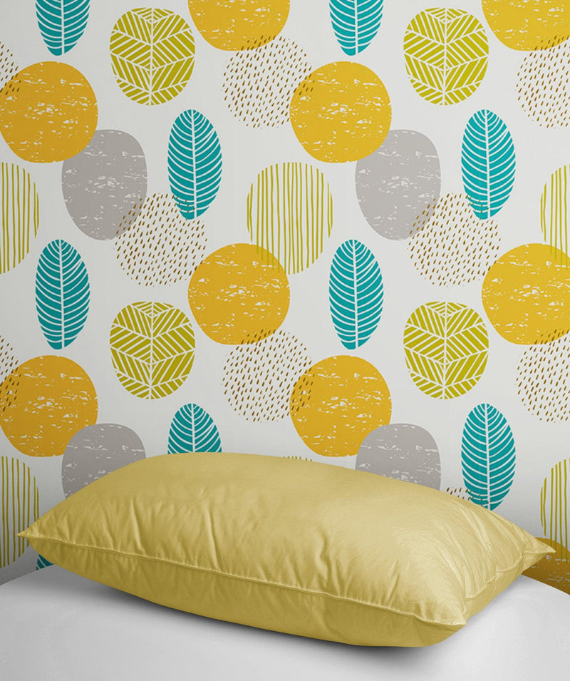 Autumn Leaves Wallpaper. Yellow, Grey, Teal Leaf Wall Mural.
