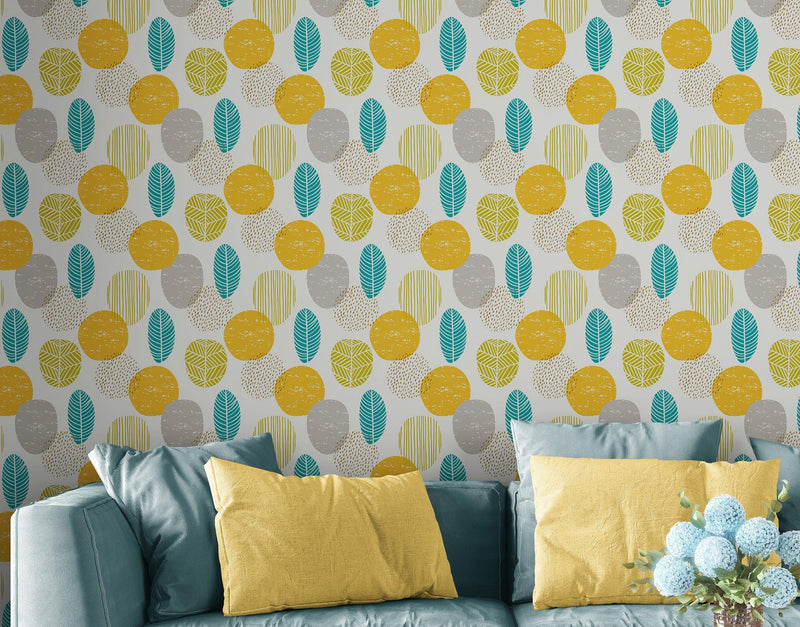 Autumn Leaves Wallpaper. Yellow, Grey, Teal Leaf Wall Mural.