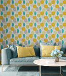 Autumn Leaves Wallpaper. Yellow, Grey, Teal Leaf Wall Mural.