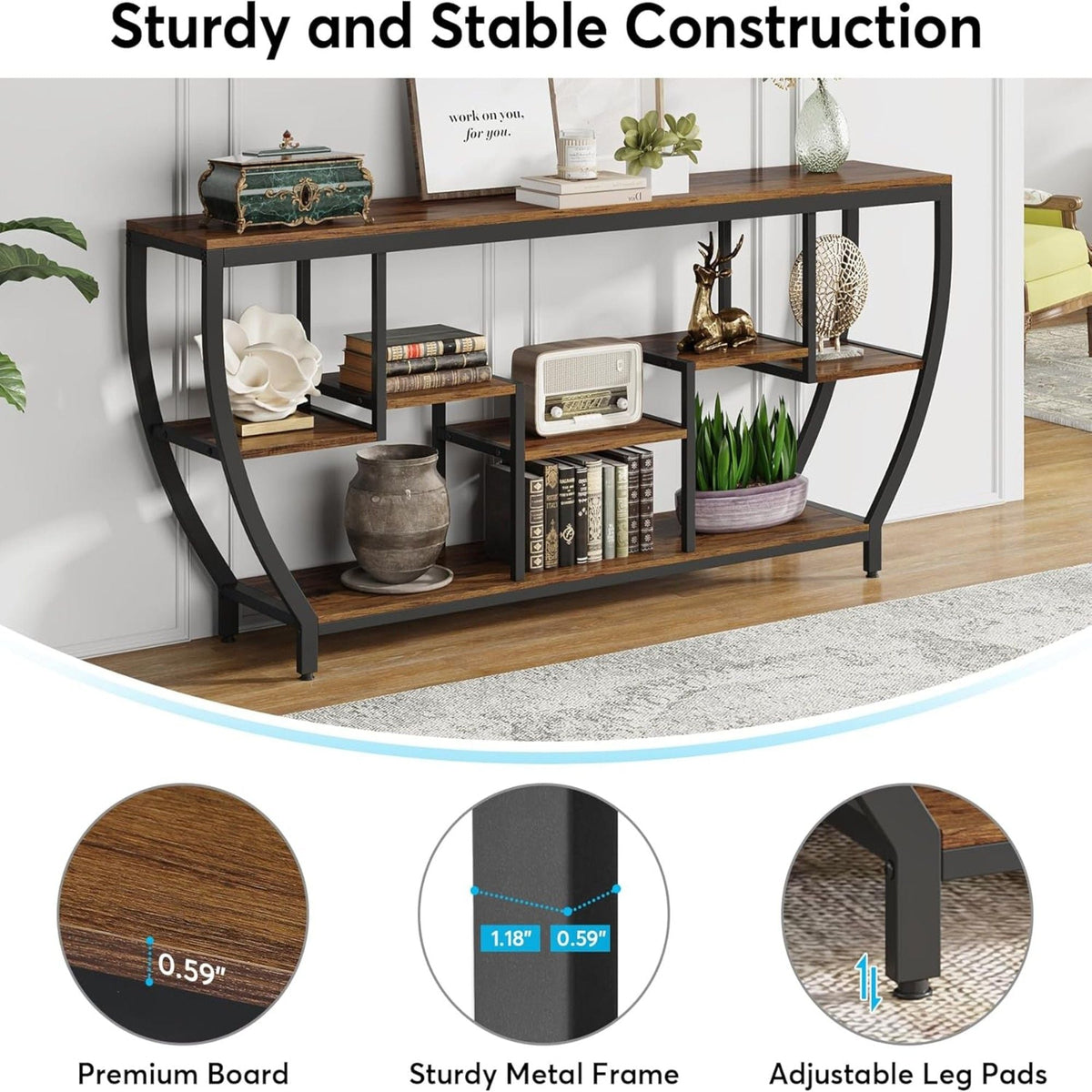 Extra Long Entryway Console Sofa Table With 7 Tier Shelves - Brown / Black, photo 6 of 10