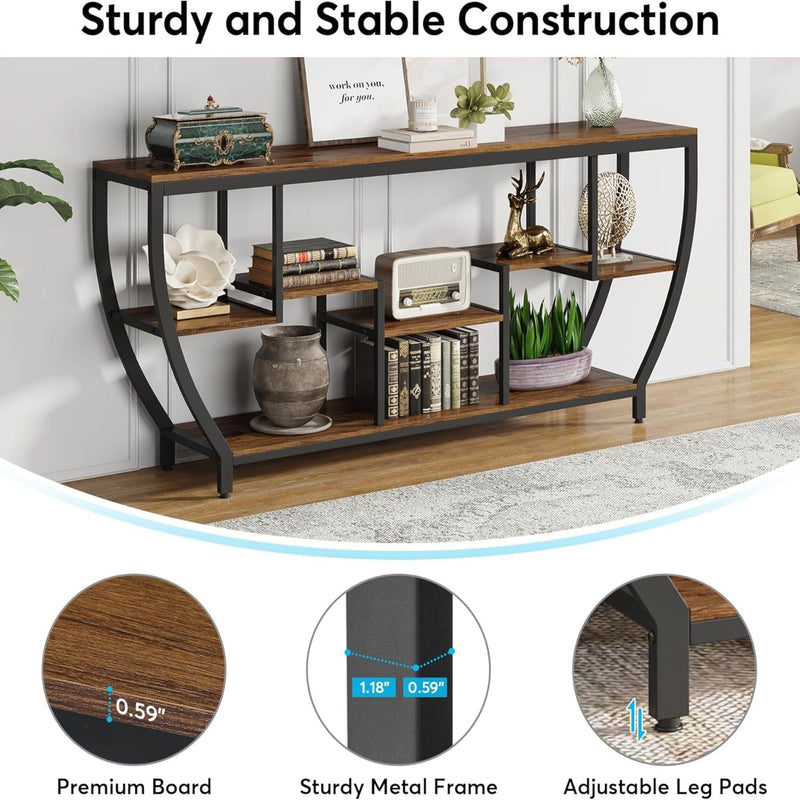 Extra Long Entryway Console Sofa Table With 7 Tier Shelves - Brown / Black, photo 6 of 10