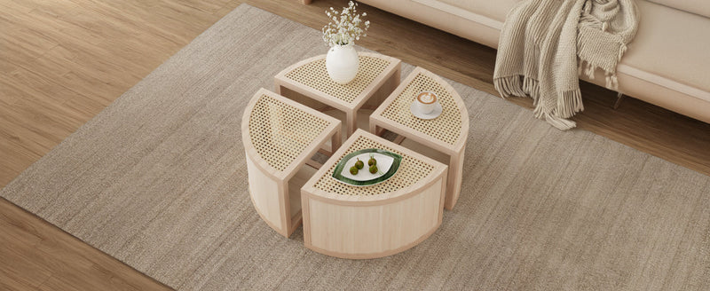 Walker Edison - Round to Square Block Modular Coffee Table Light Natural Rattan with Storage 4 Piece