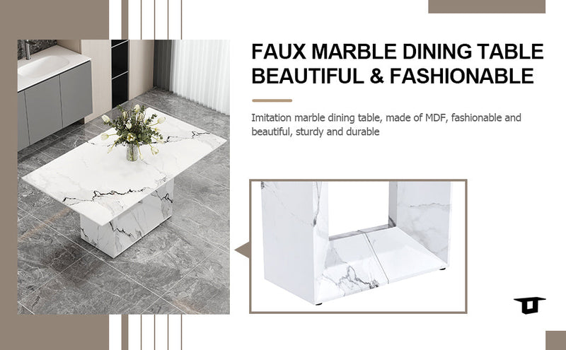 A simple dining table. A dining table with a white marble pattern. 4 PU synthetic leather high backrest cushioned side chairs with C-shaped silver metal legs. DT-SQ-16090-wh