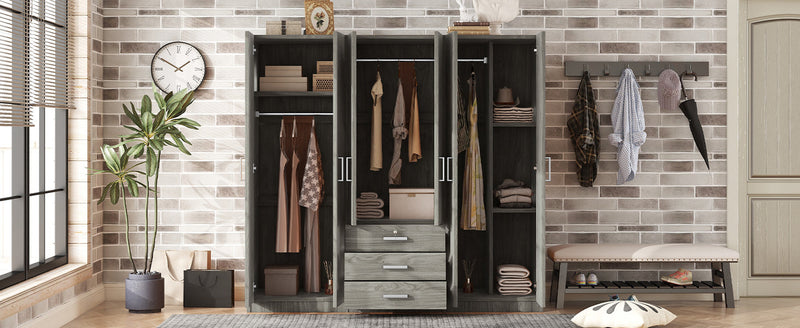 6-Doors Wooden Wardrobe Storage for Bedroom, with Big Drawers, Gray