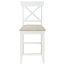 60"Lx30"W Solid Wood Farmhouse Counter Height Dining Table Set with 3-Tier Storage Shelves, Upholstered Dining Chairs for 4, 5-Piece, White