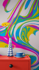 Vibrant Neon Ink Swirl Wallpaper. Abstract Pink, Yellow & Blue Colors.